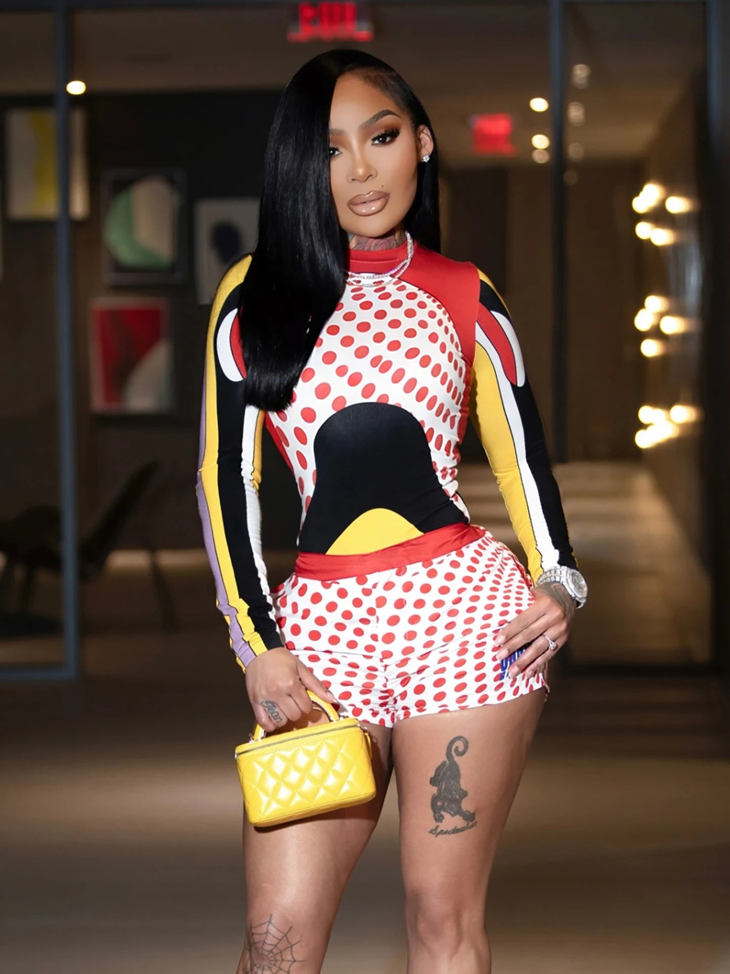Colorful Patchwork Print O Neck Tee and Polka Dot Shorts Two Piece Set for Women