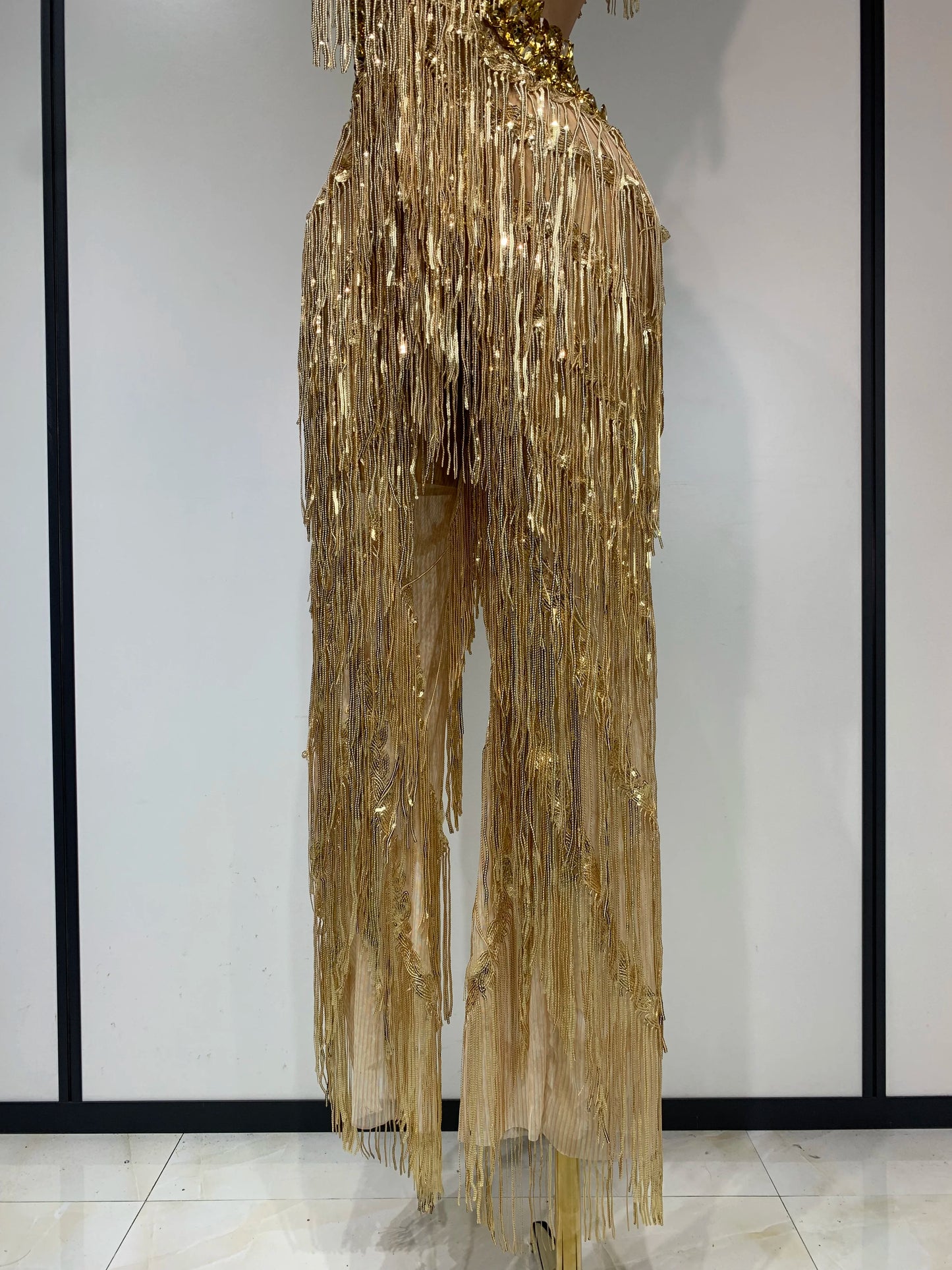 Gold Rhinestones Fringe Jumpsuit