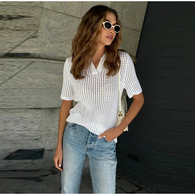 Casual Hollow Out Knit V Neck Pullover Sweater for Women