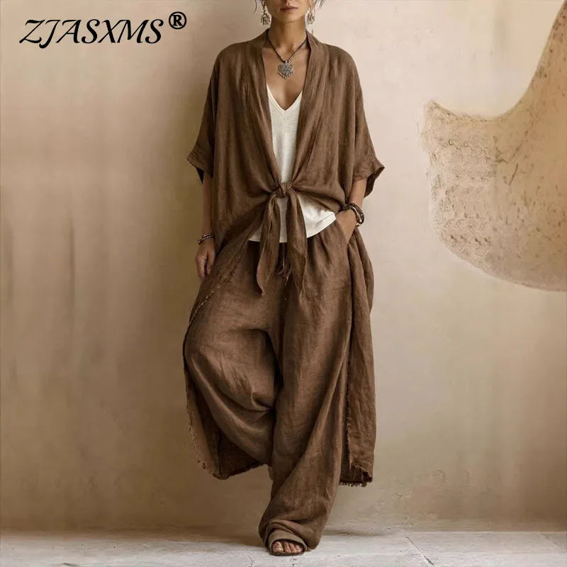 Bohemian Tie Dye Kimono Jacket and Wide Leg Pants Set for Women