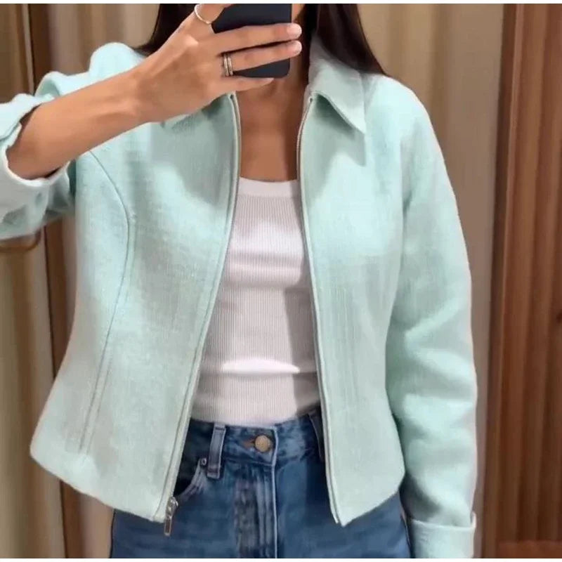 Chic Slim Fit Lapel Zipper Casual Short Coat for Women