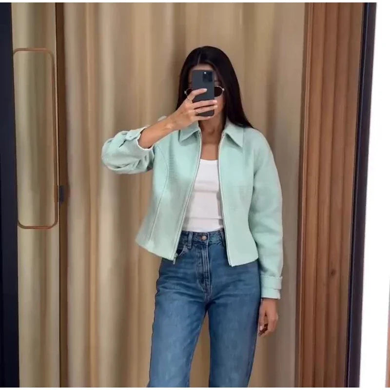 Chic Slim Fit Lapel Zipper Casual Short Coat for Women