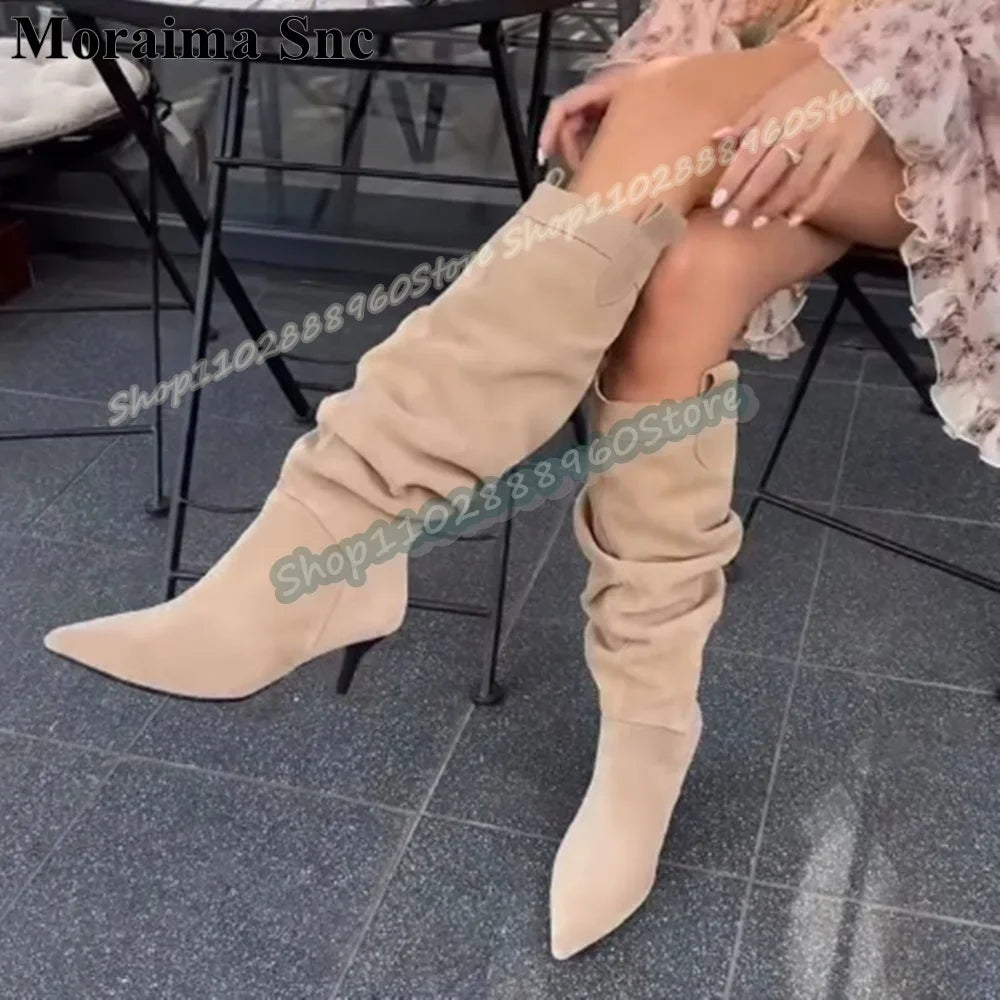 Plus Size Apricot Suede Pointed Toe Knee High Boots For Women