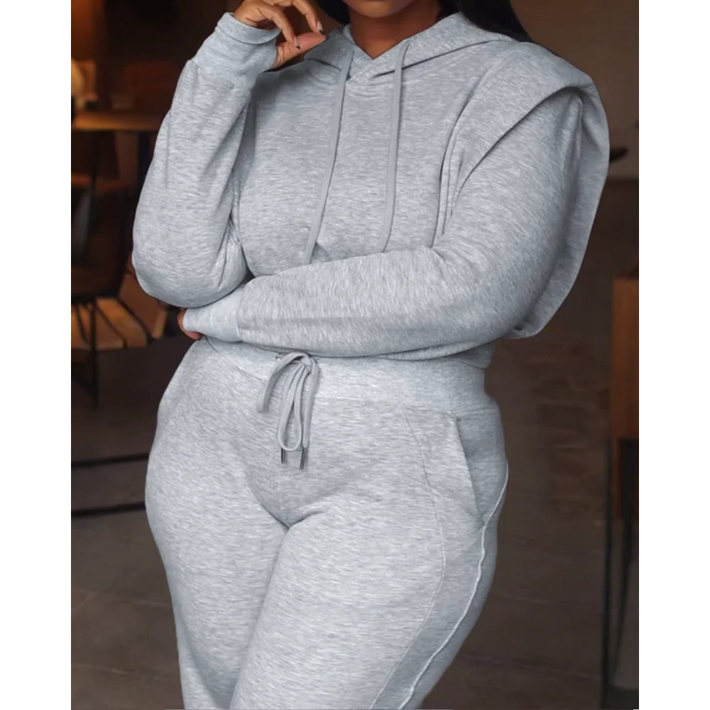 Elegant Two Pieces 	Tied Detail Hooded Long Sleeve Sweatshirt and Casual Wide Leg Sweatpants Set for Women Autumn Winter