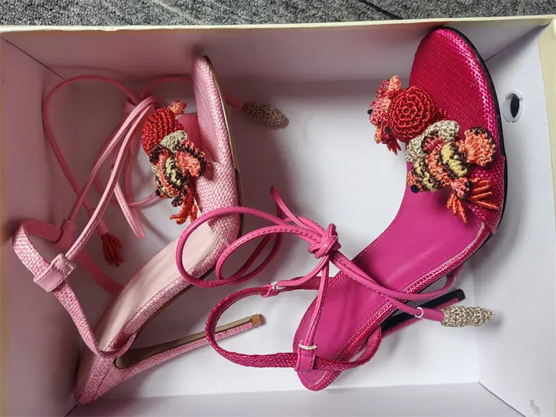 Pink Lace-Up Ankle Wrap Stiletto Sandals for Women