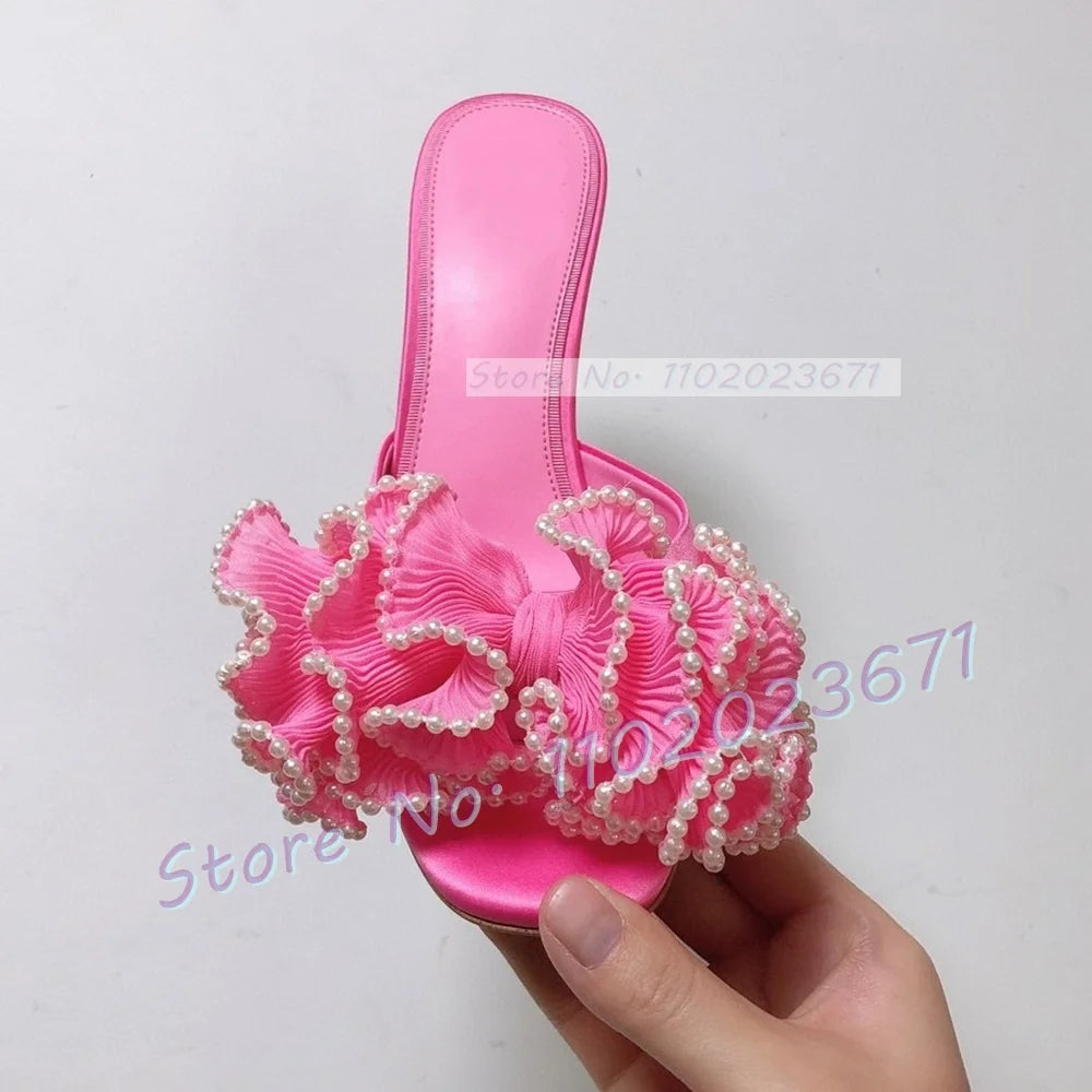 Satin Floral Open Toe Mules With Pearl Trim For Women