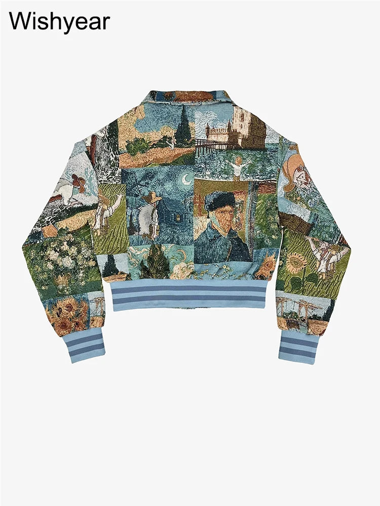 Vintage Print Button Up Baseball Jacket for Women