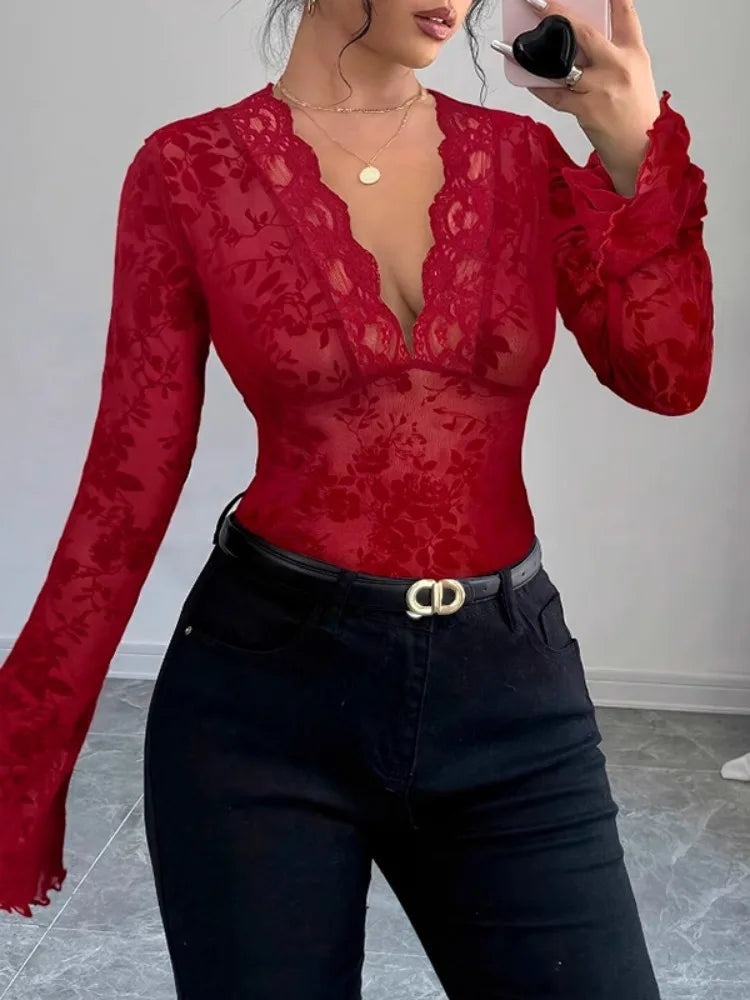 Bonboho Women's Solid Color Lace T-shirt V-neck Long Sleeves Slim Fit Pullover Shirts 2026 Spring Summer Elegant Blouse
