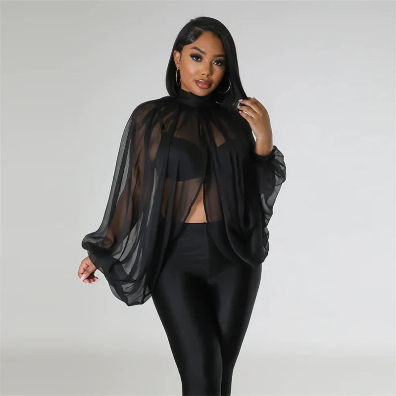 Printed Batwing Sleeve Chiffon Blouse With Sheer Front for Women