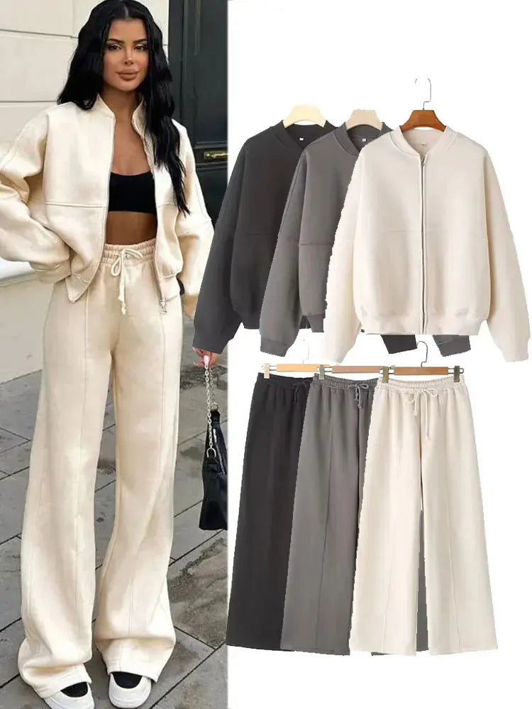 Fall Retro Zip Bomber Jacket Two Piece Set for Women