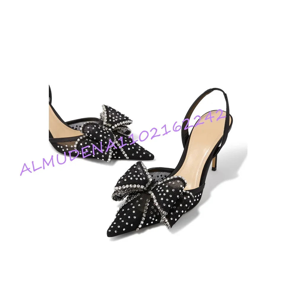 Rhinestone Bow Pointed Slingback Stiletto Heels for Women