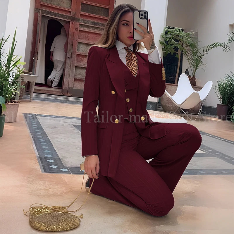 Slim Fit Double Breasted Green Striped Suit Set For Women
