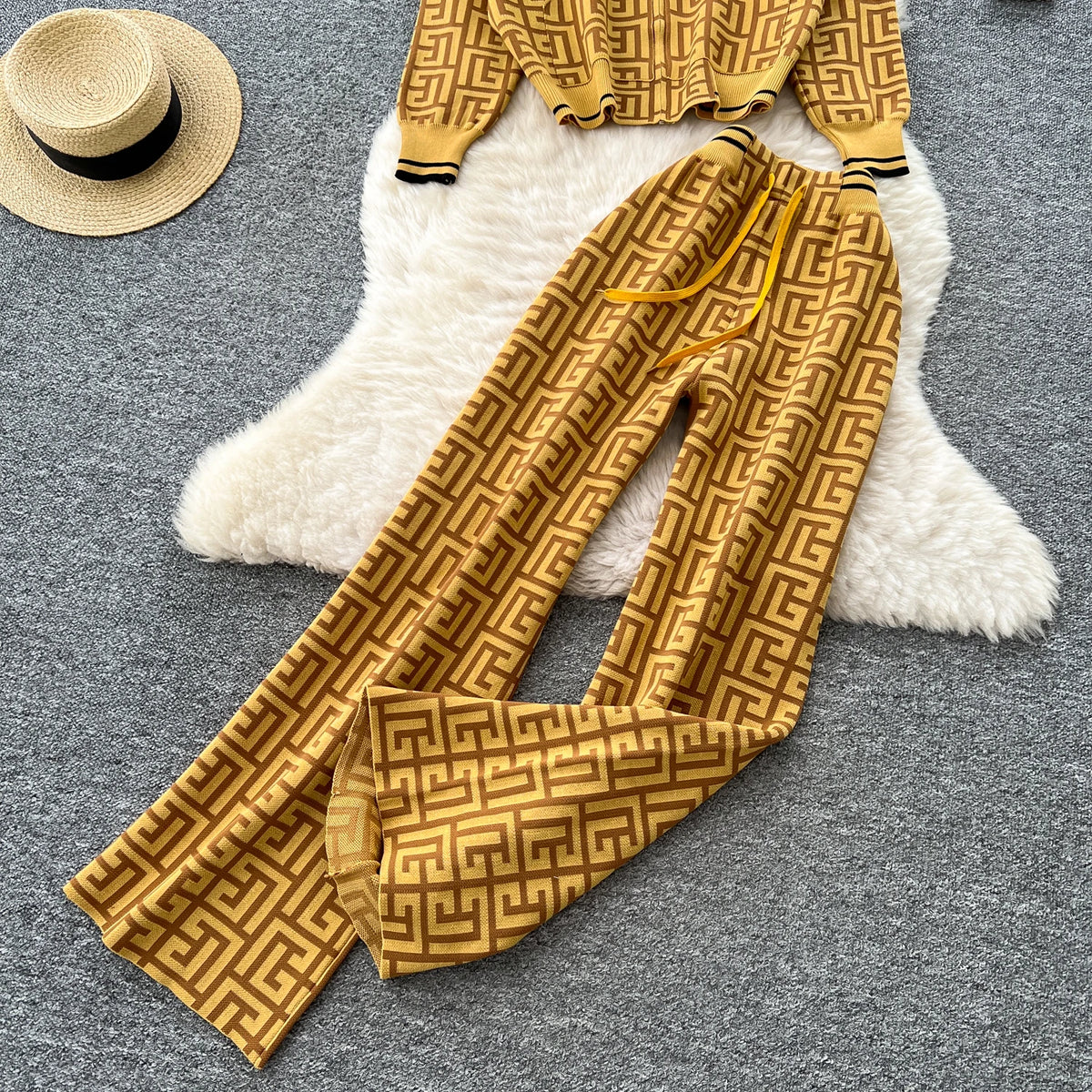 Geometric Print Hooded Knit Two Piece Set for Women