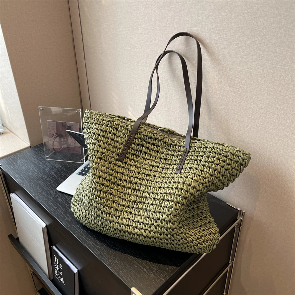 Large Capacity Straw Woven Shoulder Tote Bag for Women