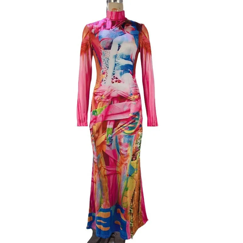 Punk Graffiti Print Bodycon Long Dress Women 2025 Autumn Stand Collar Long Sleeve Slim Fit Fish Tail Dress Party Club Robes