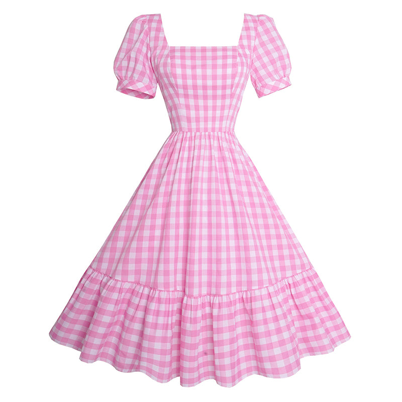 Vintage Pink Plaid Square Collar Puff Sleeve Midi Dress for Women
