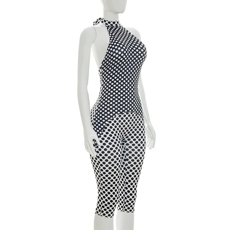 Patchwork Polka Dot Halter Bodycon Romper for Women