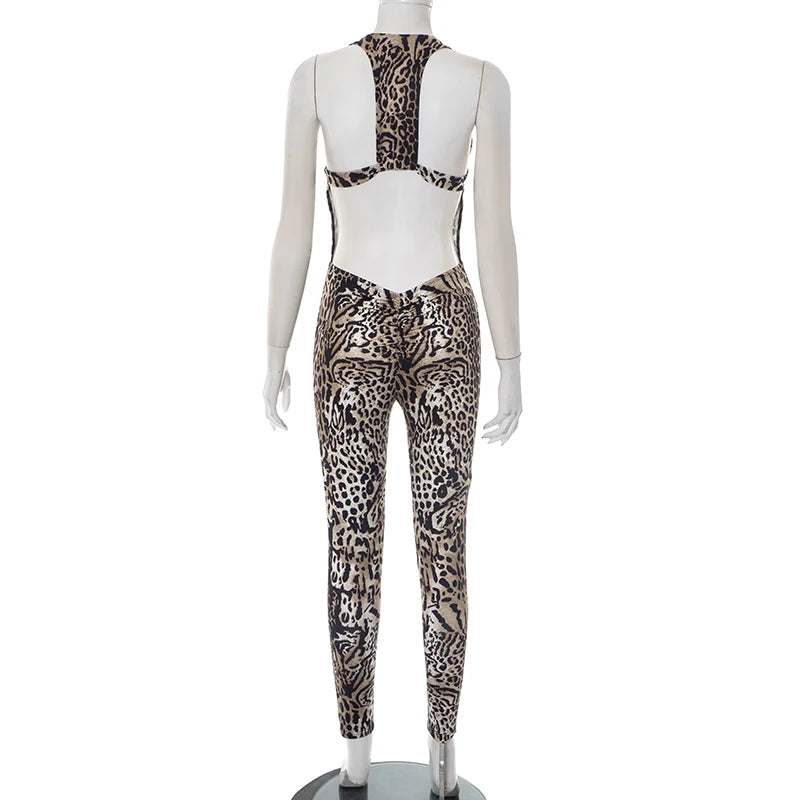 Leopard Print Sleeveless Jumpsuit with Stretch for Women