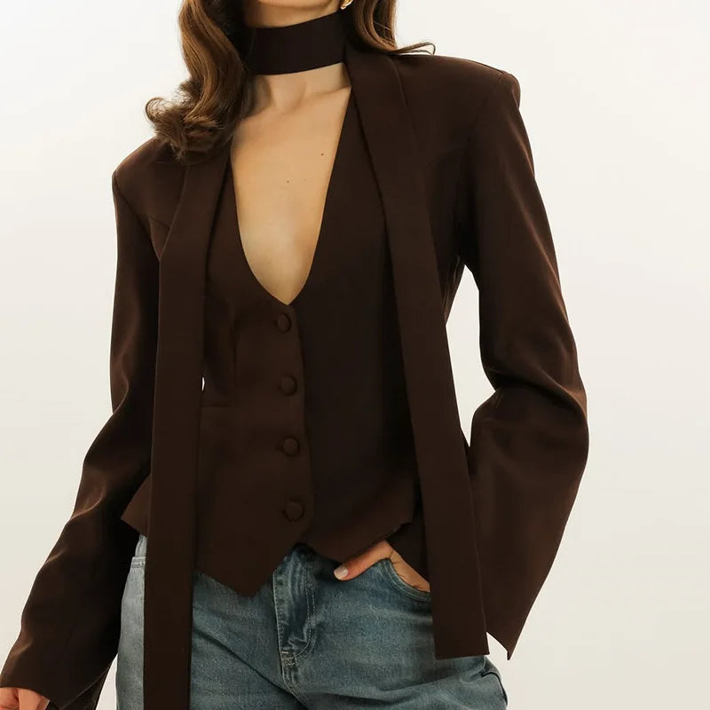 Elegant V Neck Long Sleeve Blazer Jacket for Women