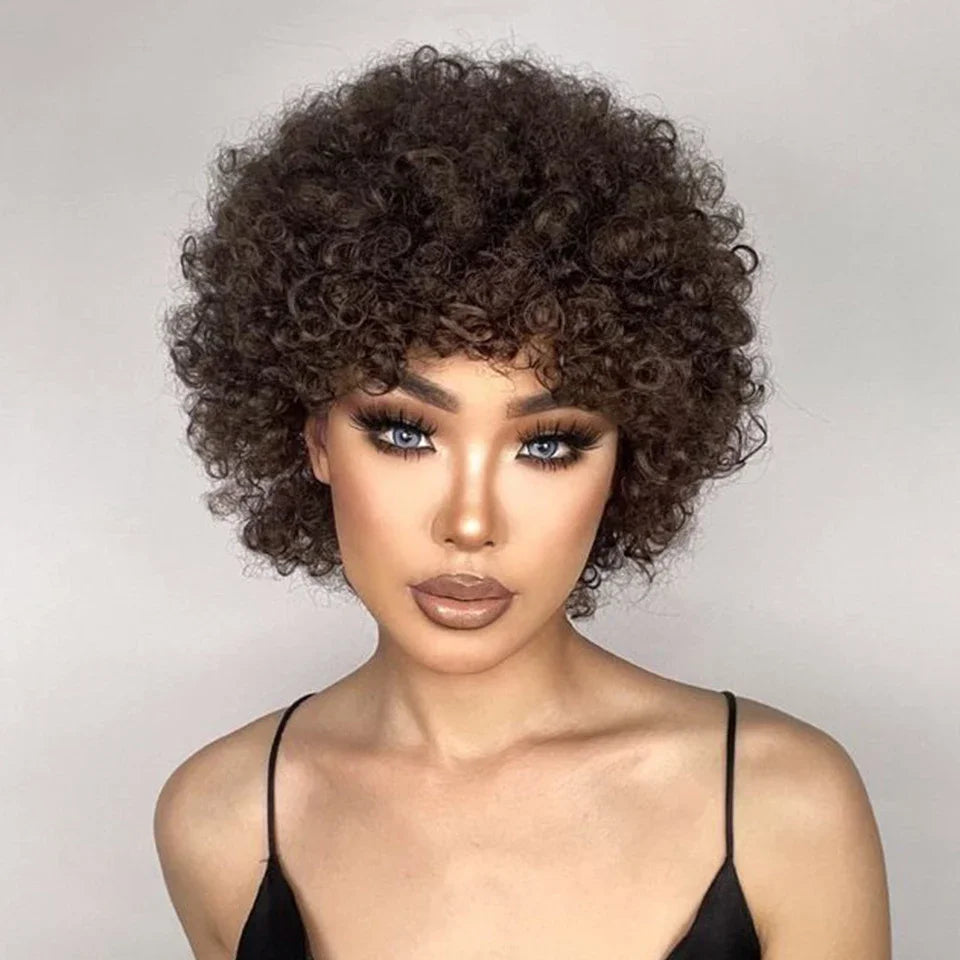 Short Kinky Curly Pixie Bob Human Hair Wig for Women