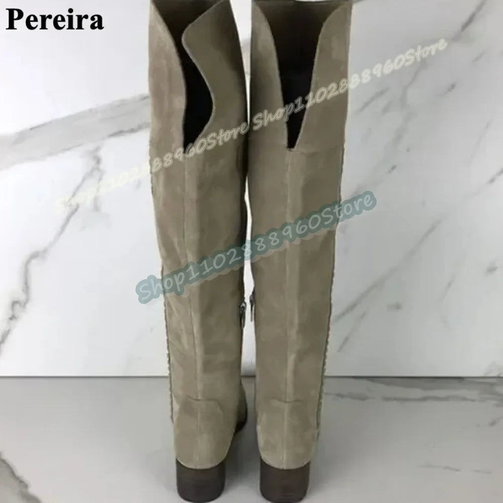 Big Size Knee High Gray Flock Casual Boots Flats Shoes For Women Side Zipper Round Toe Trending Runway 2026 Zapatos Para Mujer