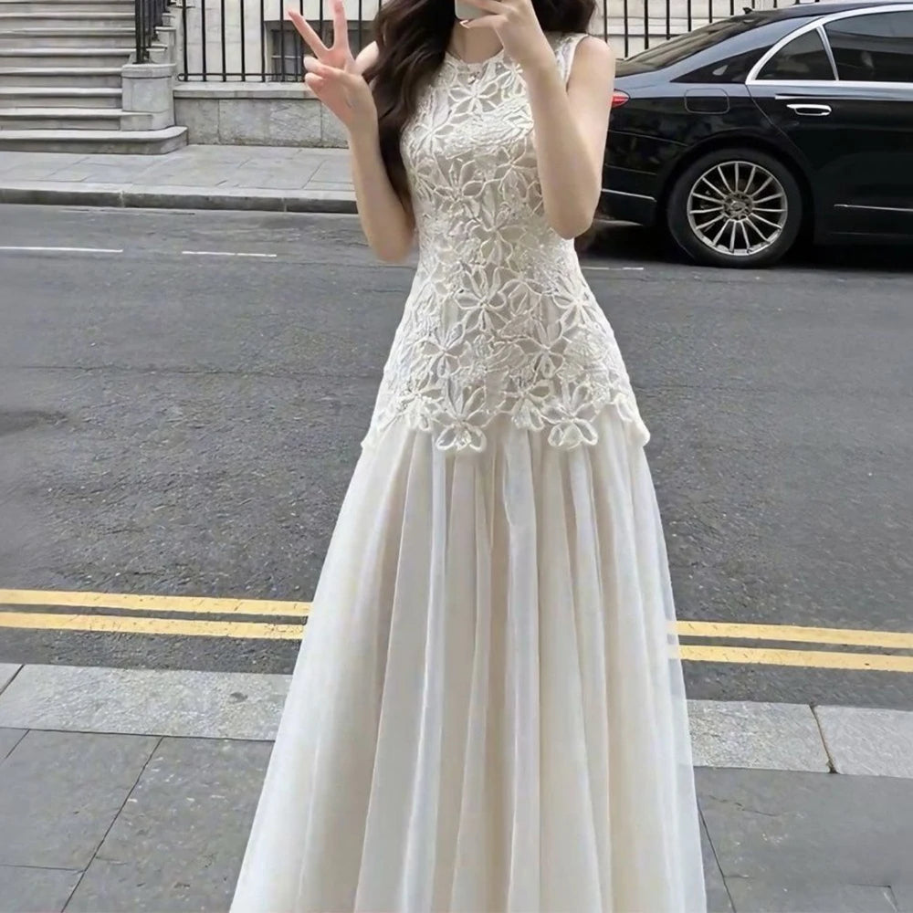 Regular Fit Crew Neck Embroidered Summer Midi Dress for Women