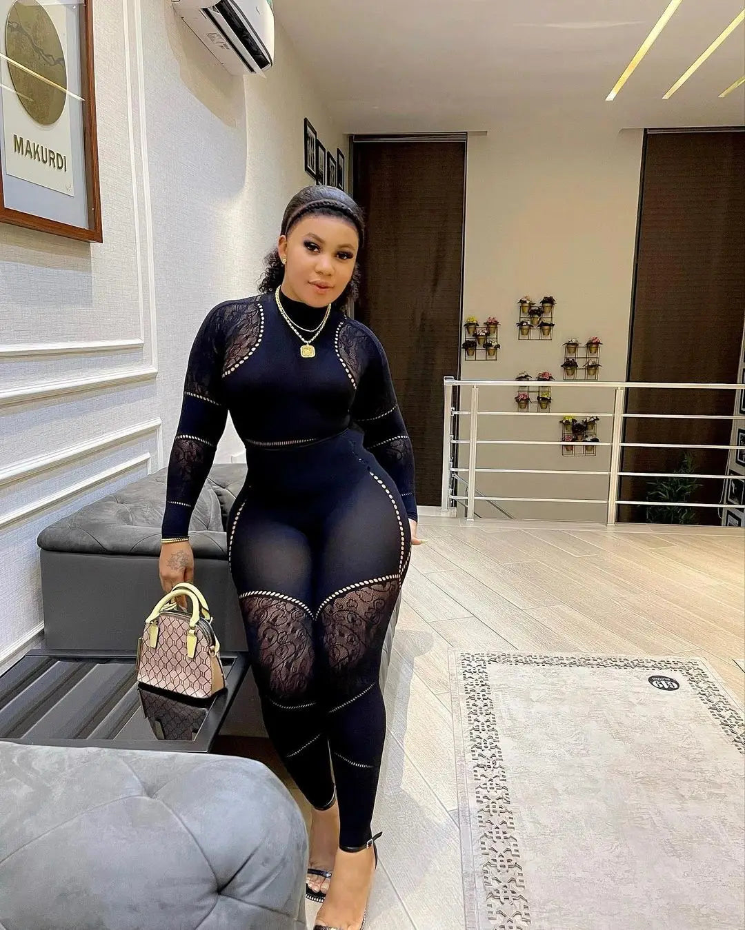 CM.YAYA Long Sleeve Sexy Mesh Lace Hollow Out Women’s Jumpsuits 2024 Fall O-Neck Night Club Party Pajamas  One Piece Outfits