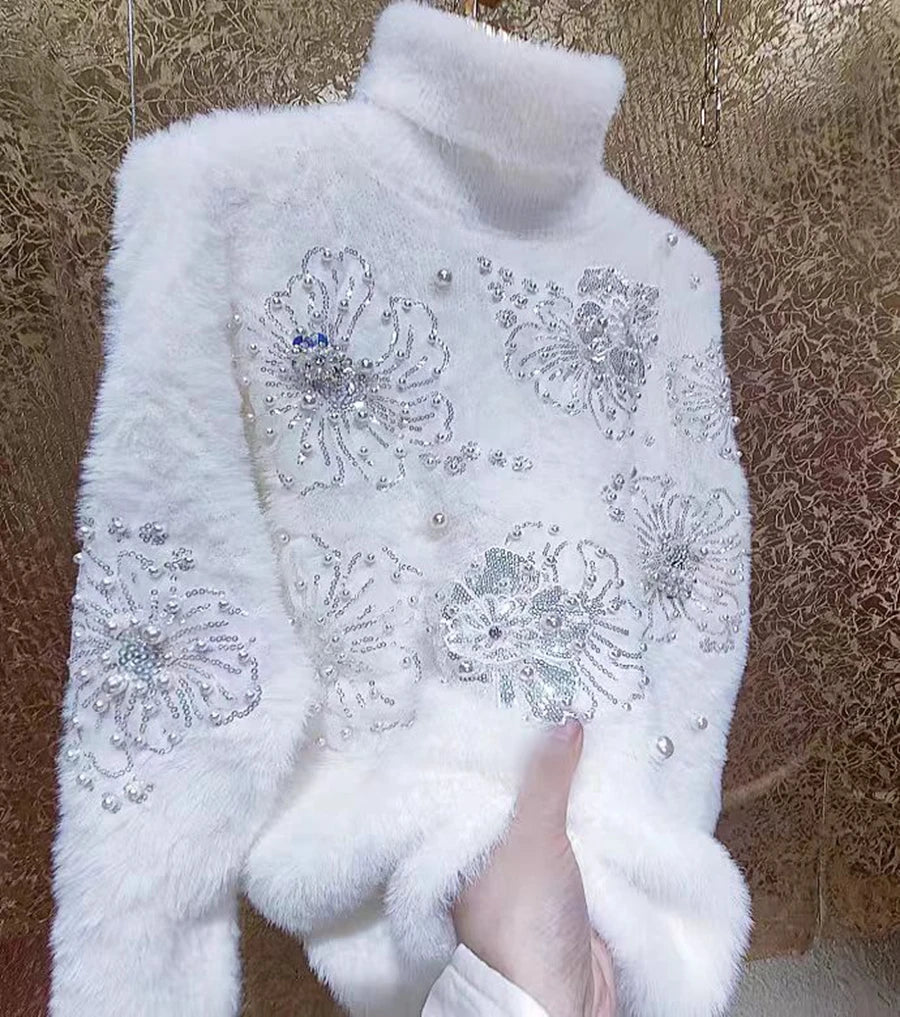 High-end Beads Sequined Stitch Thick Faux Fur Turtleneck Sweater for Women Autumn/Winter New Knit Outwears Pullovers Jumpers