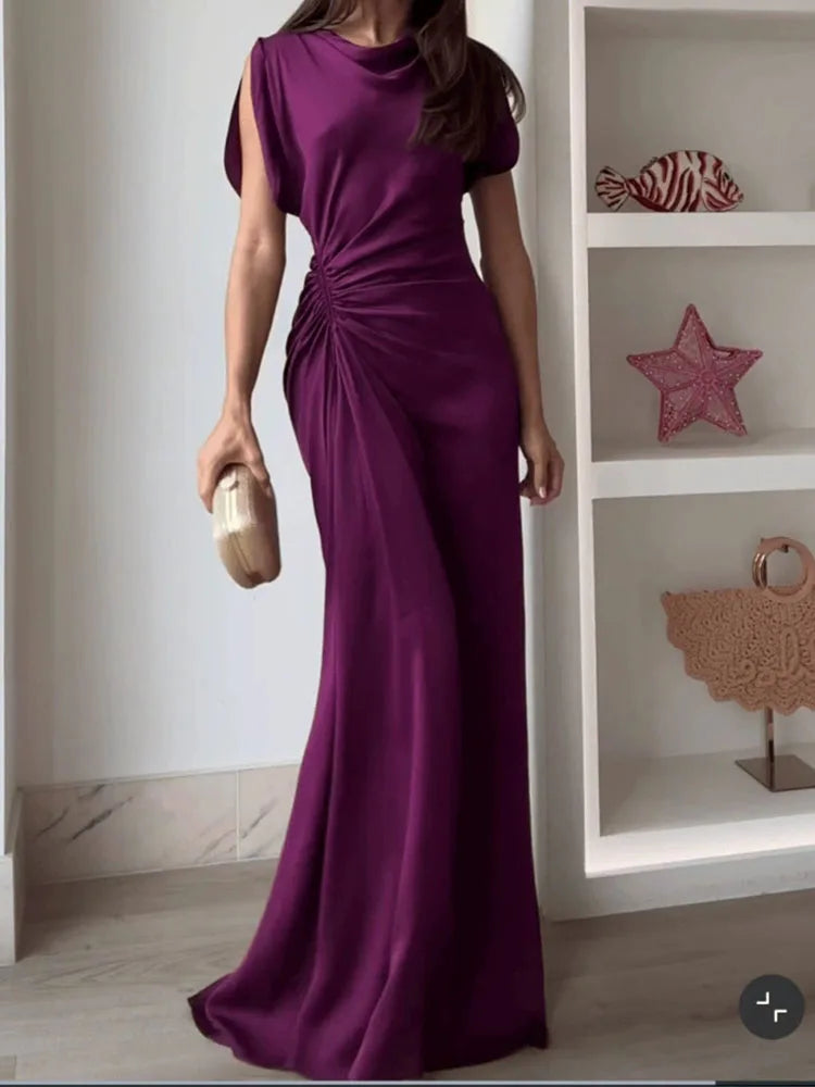 Women Fashion Hight Waist Solid Long Dress 2025 Summer Casual Draped Slim Party Dress Elegant O-neck Short Sleeve Evening Dress