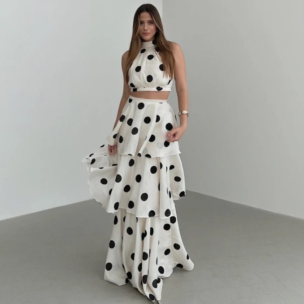 Polka Dot Sleeveless Pleated Two Piece Dress Set for Women