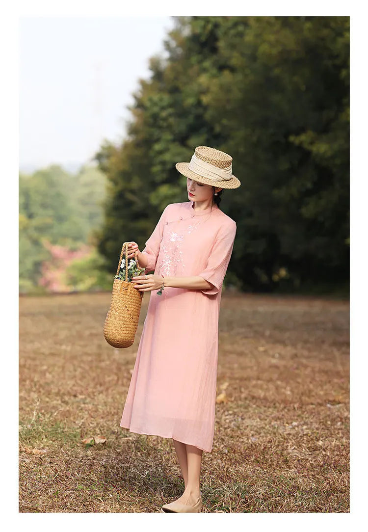 Elegant Floral Embroidered Ramie + Cheongsam Dress + for Women