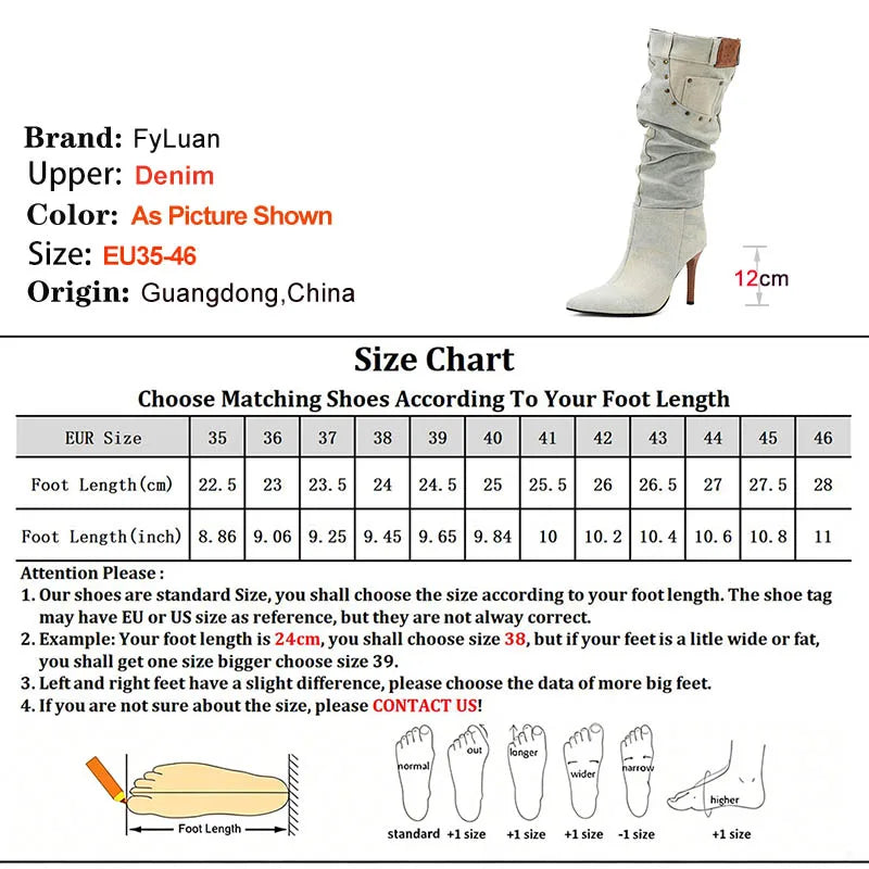 Fashion Knee High Pointed Pleated Denim Boots With Stiletto Heels For Women