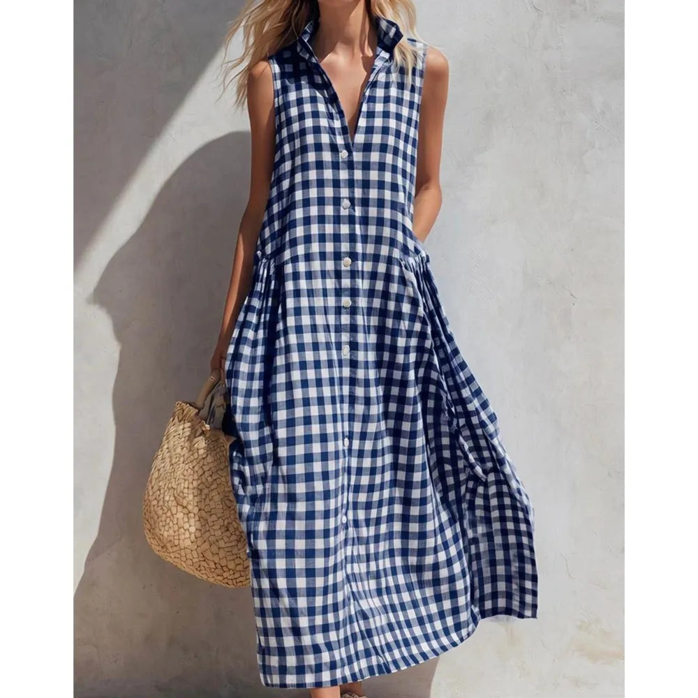 Loose Plaid Sleeveless Single Breasted Maxi Dress for Women