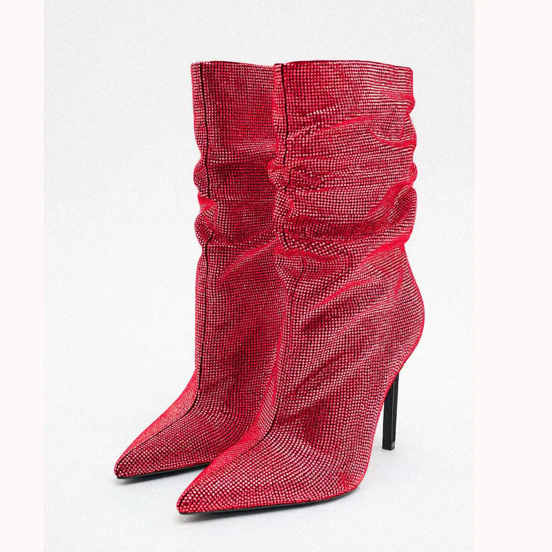 Rhinestone Embellished Pointed Toe Stiletto Boots For Women