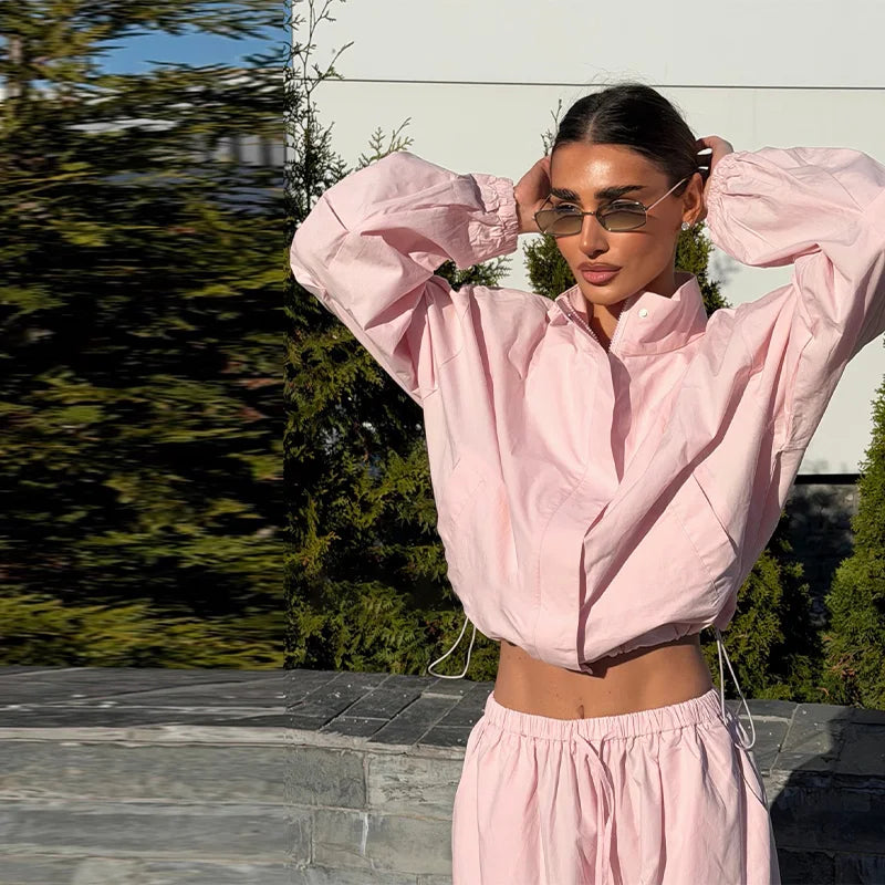Solid Loose Suit Set with Stand Collar Crop Top and Drawstring Pants for Women