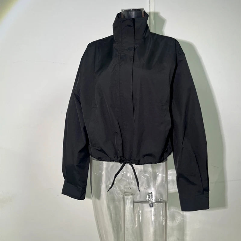 Casual Solid Jacket With Stand Collar And Pockets for Women