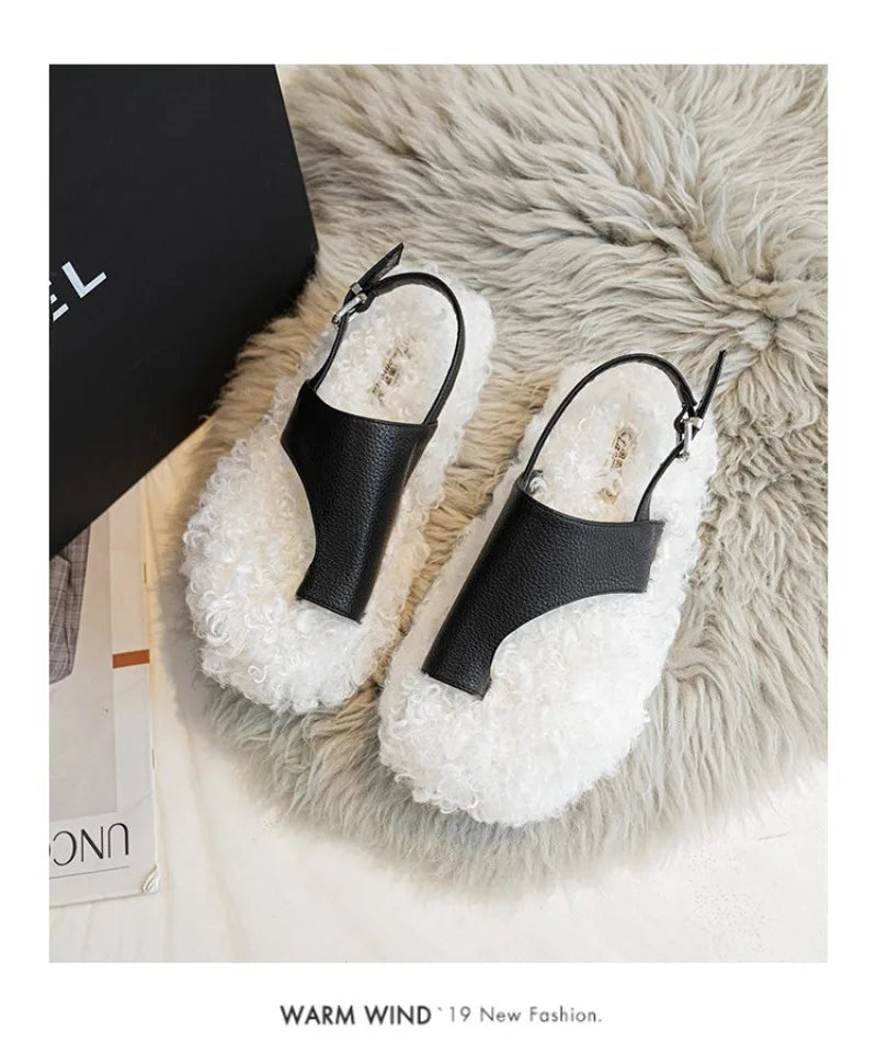 Cozy Plush Buckle Strap Flat Toe Slippers for Women