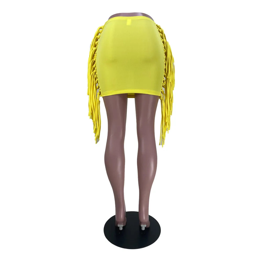 FAGADOER Sexy Tassel Bodycon Mini Skirts Party Club Outfits Women Fashion Chic Streetwear Short Birthday Holidays Skirt Solid
