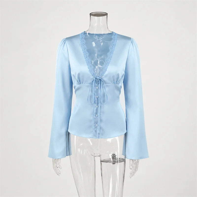 Lace-Up Satin Patchwork V-Neck Vest Top for Women**