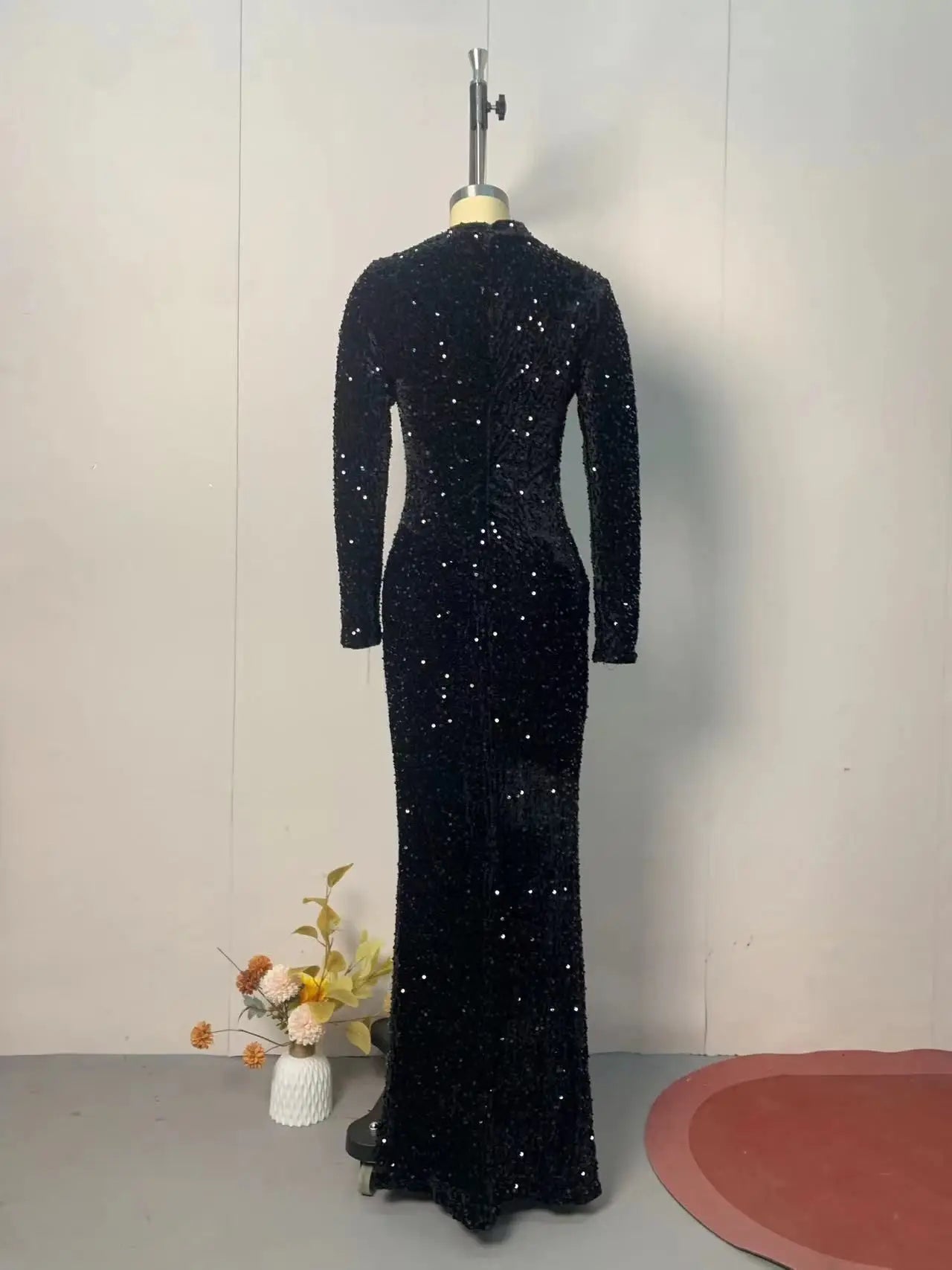 Elegant Sequined Black Long Sleeve Turtleneck Dress for Women