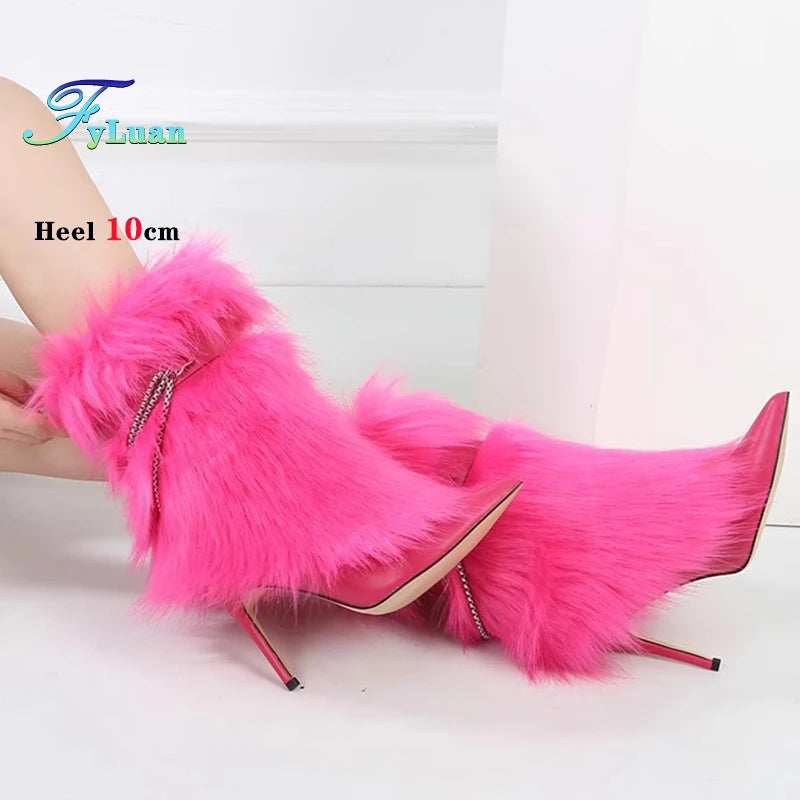 Fuchsia Faux Fur Buckle Ankle Boots