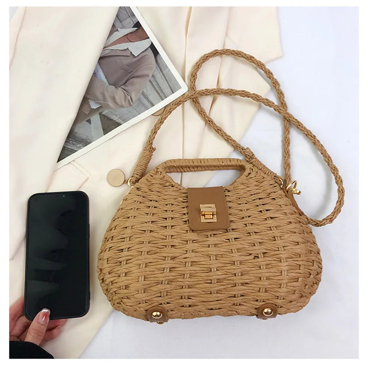 Trendy Handwoven Wicker Straw Shoulder Bag for Women