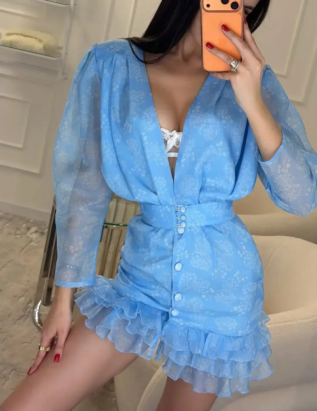 Floral Print Deep V Neck Ruffle Hem Mini Dress for Women