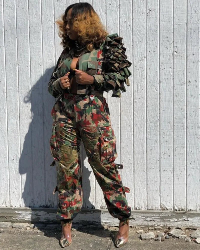 Cascading Ruffled Camouflage Crop Jacket for Women