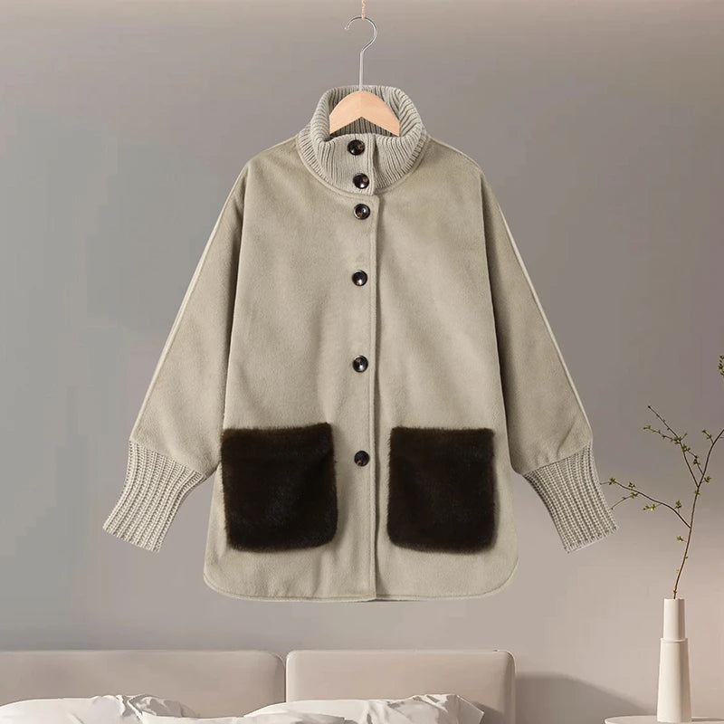 Loose Knit Fur Standup Collar Long Sleeve Pocket Cardigan for Women