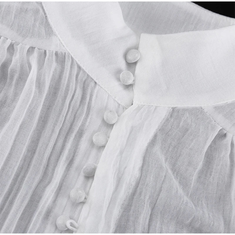 Elegant White Stand Collar Puff Sleeve Blouse for Women