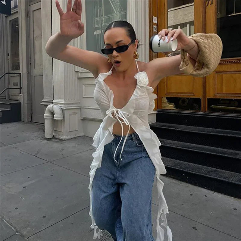 Y2K Sheer Mesh Spaghetti Strap Camisole Top White Ruffle Fringe Halter Tops Coquette Fairy Core Clothes 2024 Fashion