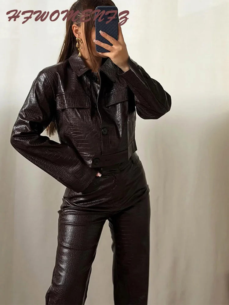 PU Leather Turn-Down Collar Jacket and Pants Set for Women