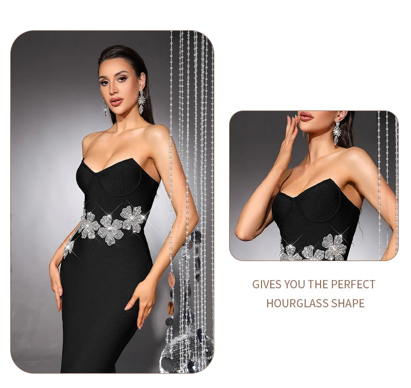 Strapless Crystal Flower Embellished Bodycon Maxi Dress for Women