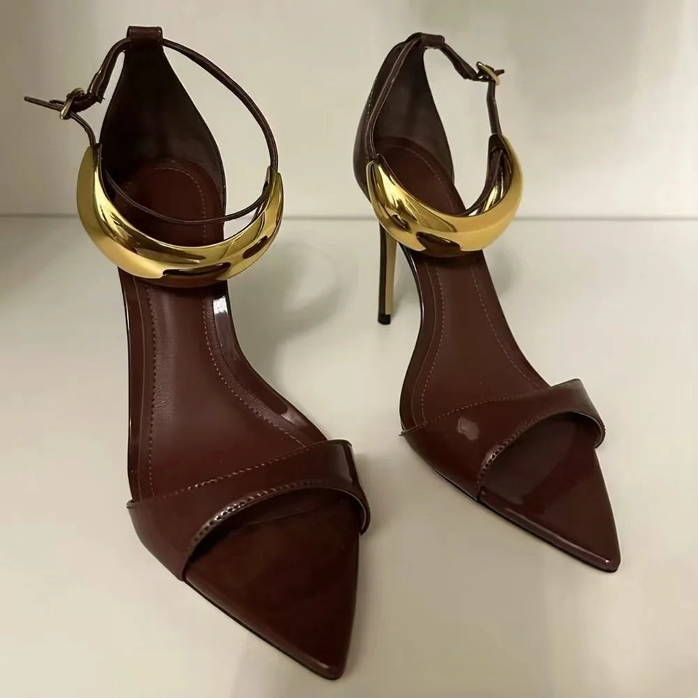 Brown Patent Leather Stiletto Sandals